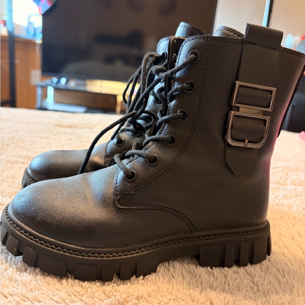 Black Combat Boots with Buckle Detail